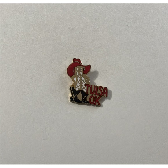 Other - Tulsa Oklahoma Enamel Lapel Pin Red Cowboy Hat Oil Derrick Western Pinback